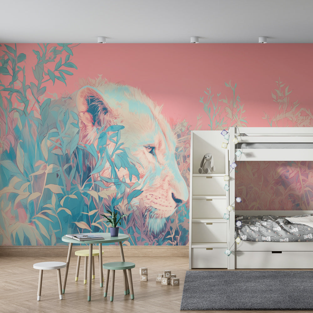 Majestic lion safari mural wallpaper creating peaceful children's bedroom atmosphere