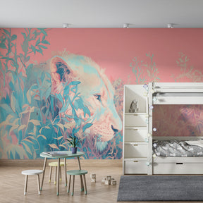 Majestic lion safari mural wallpaper creating peaceful children's bedroom atmosphere
