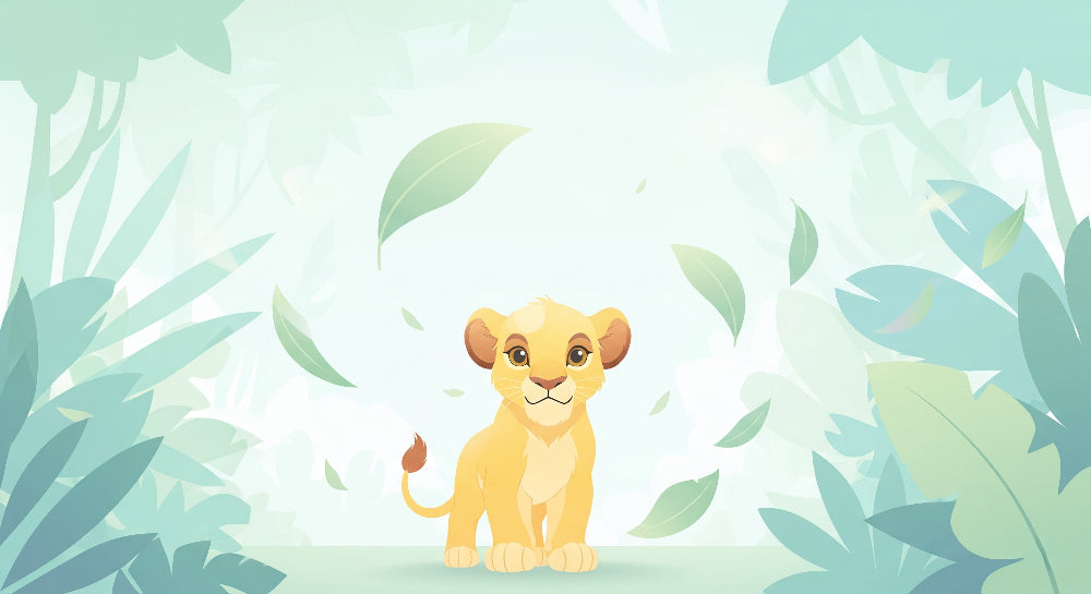 Detailed lion cub jungle mural wallpaper design pattern with tropical leaves by Kids-Mundo