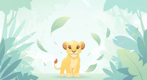 Detailed lion cub jungle mural wallpaper design pattern with tropical leaves by Kids-Mundo