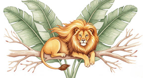 Detailed lion and tropical banana leaves mural wallpaper design pattern by Kids-Mundo