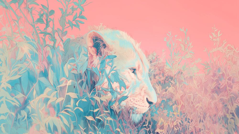 Detailed lion jungle mural wallpaper design pattern with pastel botanical elements by Kids-Mundo