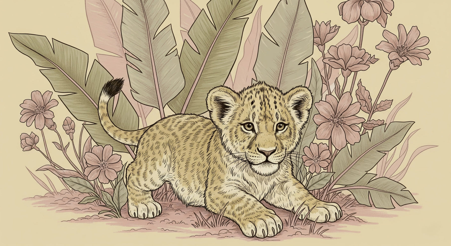 Detailed lion jungle mural wallpaper design pattern with tropical flora by Kids-Mundo