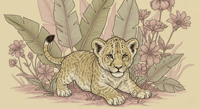 Detailed lion jungle mural wallpaper design pattern with tropical flora by Kids-Mundo
