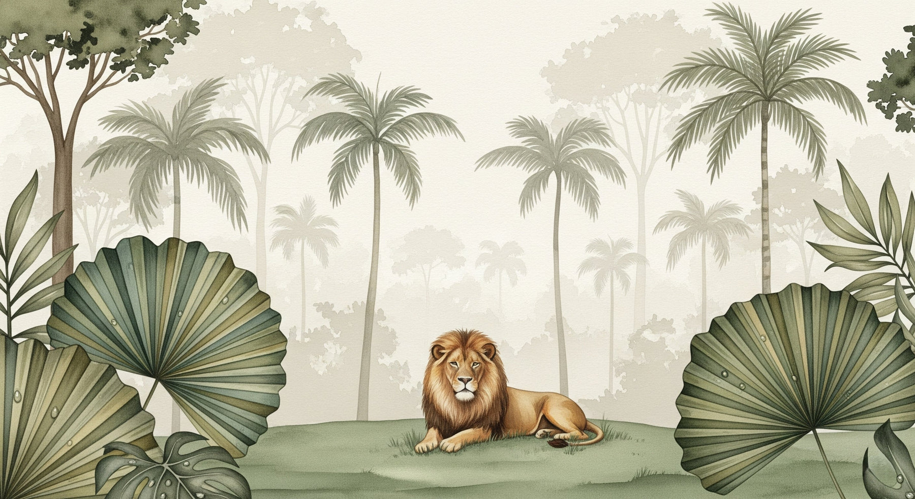 Detailed lion jungle mural wallpaper design pattern with tropical palms by Kids-Mundo