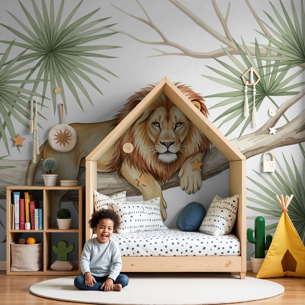 Lion jungle mural wallpaper creating safari-themed nursery decor by Kids-Mundo