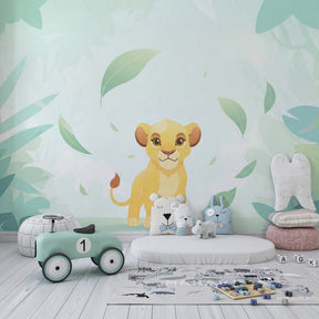 Jungle animal wallpaper with golden lion cub in children's playroom setting by Kids-Mundo