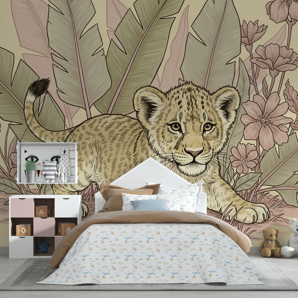 Safari themed lion mural wallpaper transforming kids playroom into jungle adventure