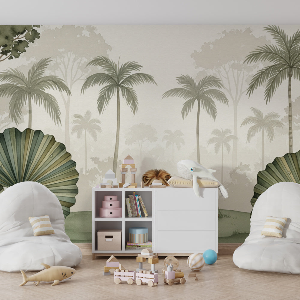 Safari themed mural wallpaper featuring lion and jungle foliage in children's playroom setting