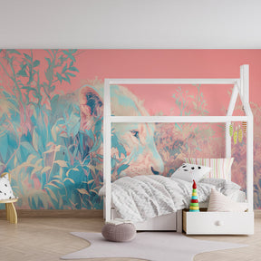 Jungle lion wallpaper transforming kids playroom with nature-inspired wall decor by Kids-Mundo