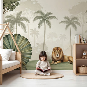 Lion jungle mural wallpaper creating safari adventure theme in modern kids bedroom by Kids-Mundo