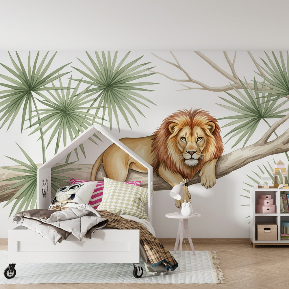 Safari animal mural wallpaper with tropical foliage for kids playroom by Kids-Mundo
