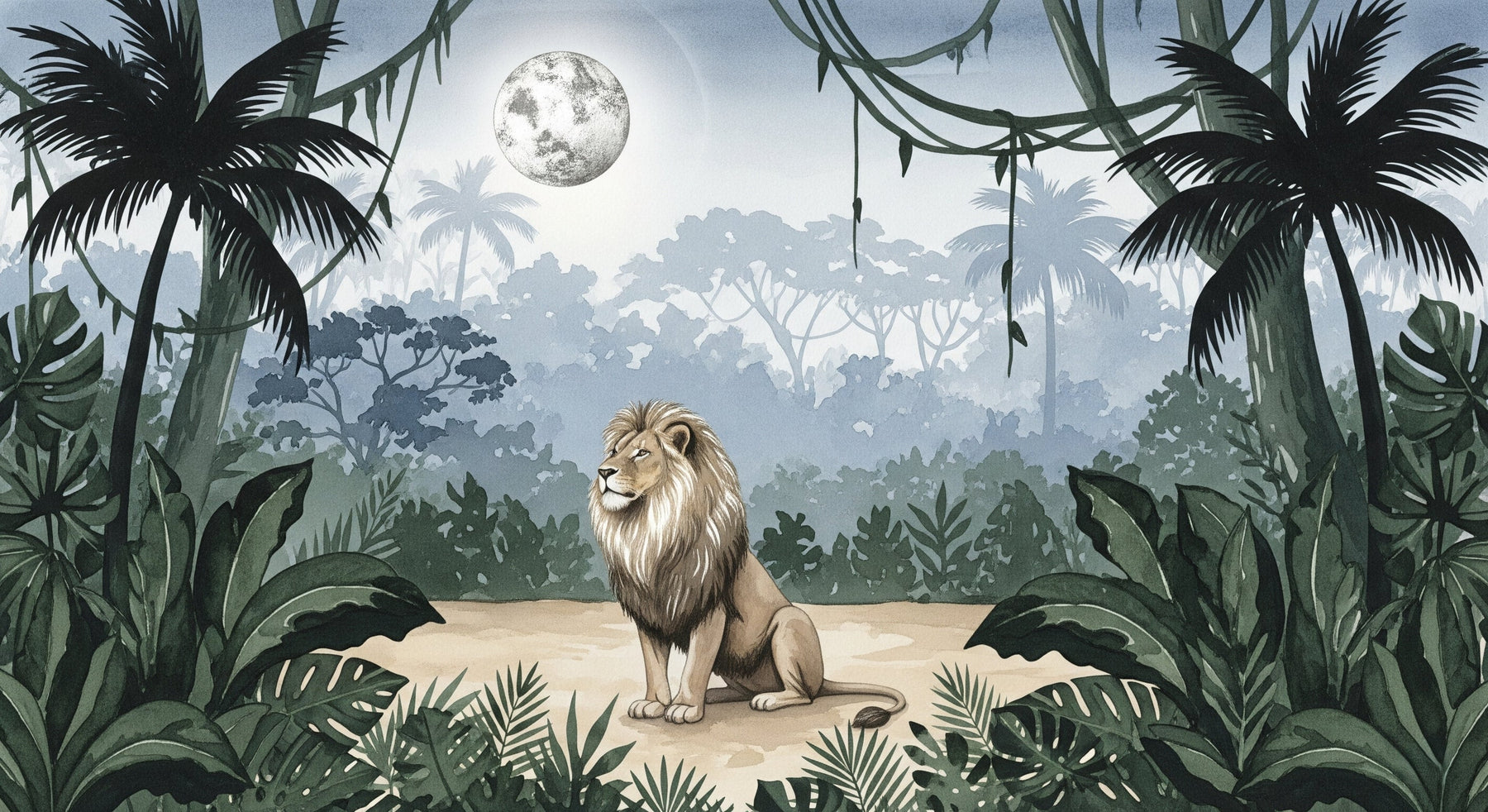 Detailed lion king jungle mural wallpaper design pattern with moonlight and tropical foliage by Kids-Mundo