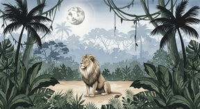 Detailed lion king jungle mural wallpaper design pattern with moonlight and tropical foliage by Kids-Mundo