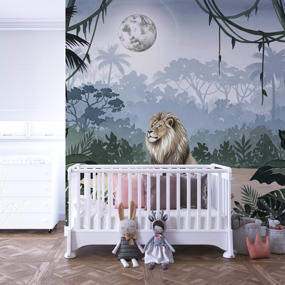 Nocturnal jungle wallpaper with moonlit lion creating adventure theme in children's bedroom