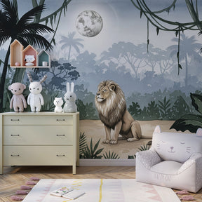 Wildlife mural wallpaper featuring majestic lion in jungle setting for toddler room decor