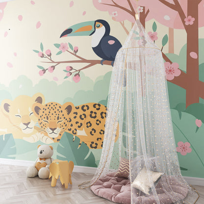 Kids-Mundo forest wall mural with lion cub and leopard cub brightening a green kids bedroom.
