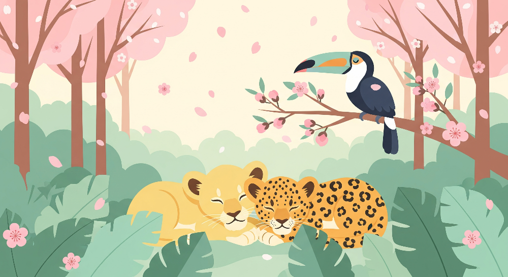 Kids-Mundo flat-artwork design of a lion cub and leopard resting in a cherry blossom forest with a toucan.