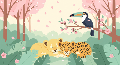 Kids-Mundo flat-artwork design of a lion cub and leopard resting in a cherry blossom forest with a toucan.