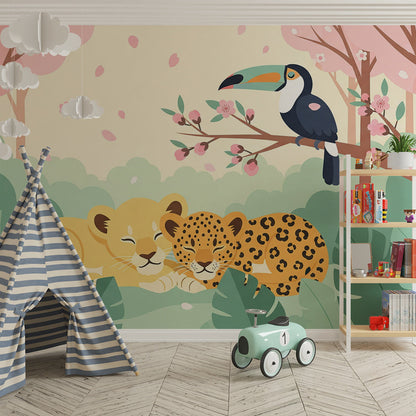 Kids-Mundo lion and leopard blossom forest mural bringing colour to a children's playroom wall.
