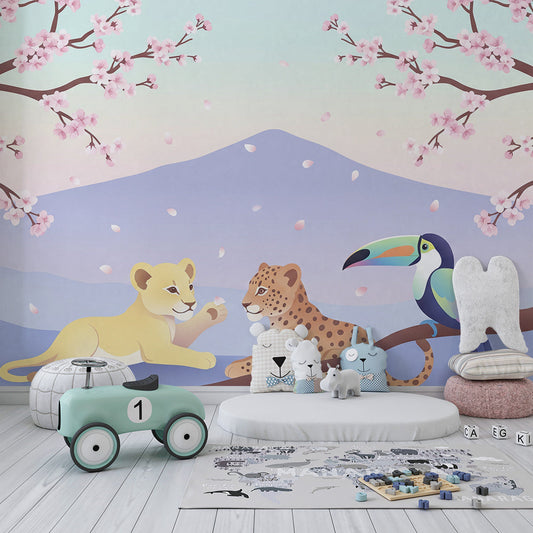 Kids-Mundo cherry blossom animal wall mural with lion cub and leopard in a soft kids bedroom.
