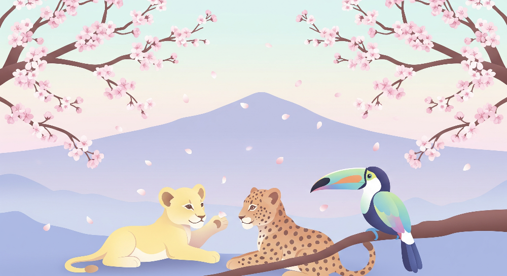 Lion Cub and Leopard under Cherry Blossom Wall Mural