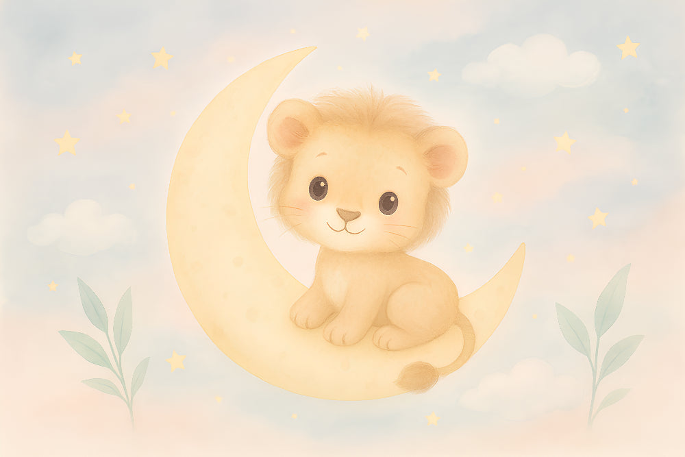 Detailed lion moon mural wallpaper design pattern with stars clouds and botanical elements by Kids-Mundo