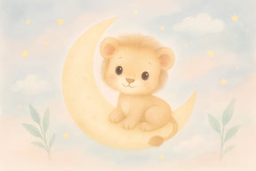 Detailed lion moon mural wallpaper design pattern with stars clouds and botanical elements by Kids-Mundo