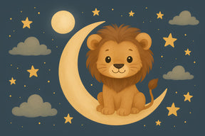 Detailed lion moon mural wallpaper design pattern with twinkling stars and golden accents by Kids-Mundo
