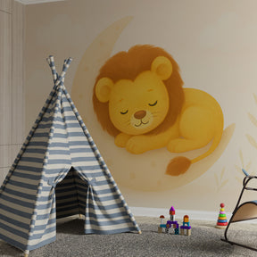 Safari moon wallpaper with sleeping lion creating dreamy kids room decor by Kids-Mundo