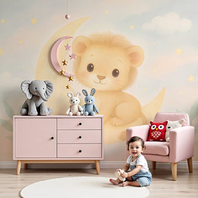 Lion moon mural wallpaper creating dreamy safari nursery with crib and soft lighting by Kids-Mundo
