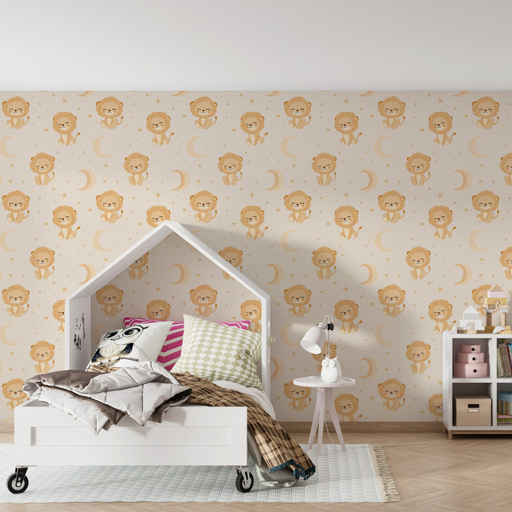 Sweet safari lion wallpaper transforming kids playroom with gentle pastel animal motifs