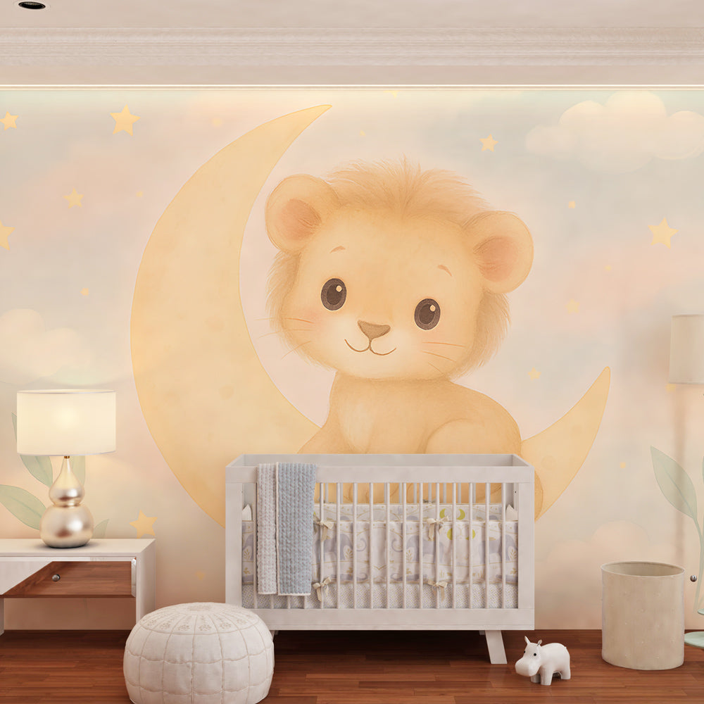 Safari moon wallpaper transforming children's playroom with gentle lion and celestial theme