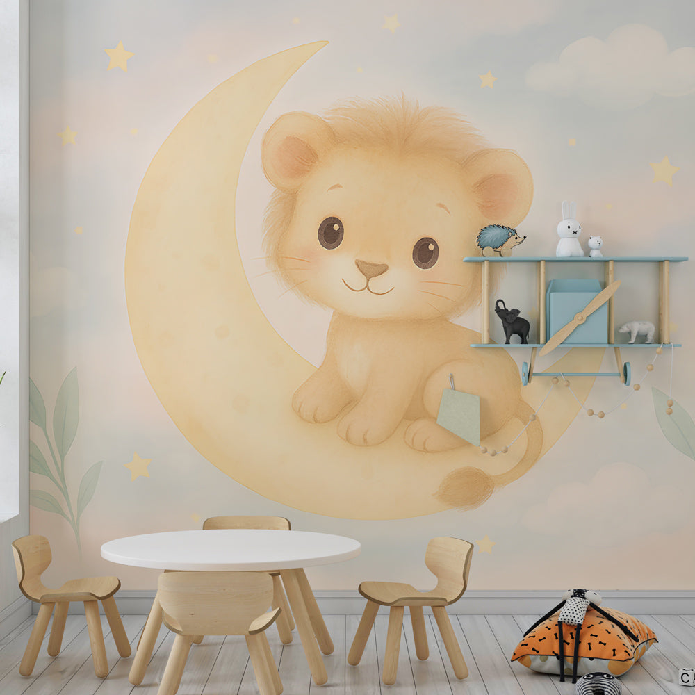 Cute lion on moon wallpaper in cozy toddler bedroom with stars and clouds Kids-Mundo design