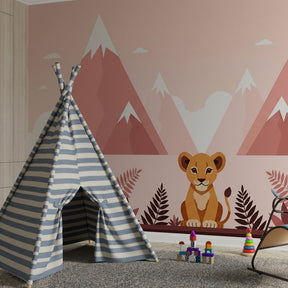 Safari mountain wallpaper with cute lion creating inspiring playroom environment for children