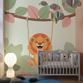 Swinging lion wallpaper transforming children's bedroom with soft jungle theme