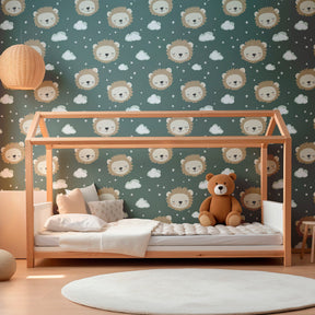 Safari lion wallpaper creating peaceful children's bedroom with friendly animal design