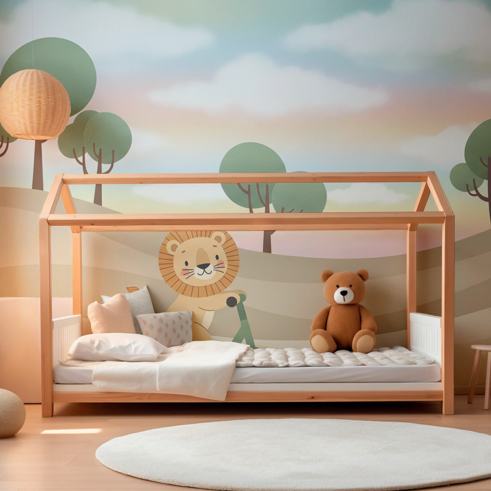 Animal themed mural wallpaper featuring happy lion on scooter for toddler bedroom by Kids-Mundo