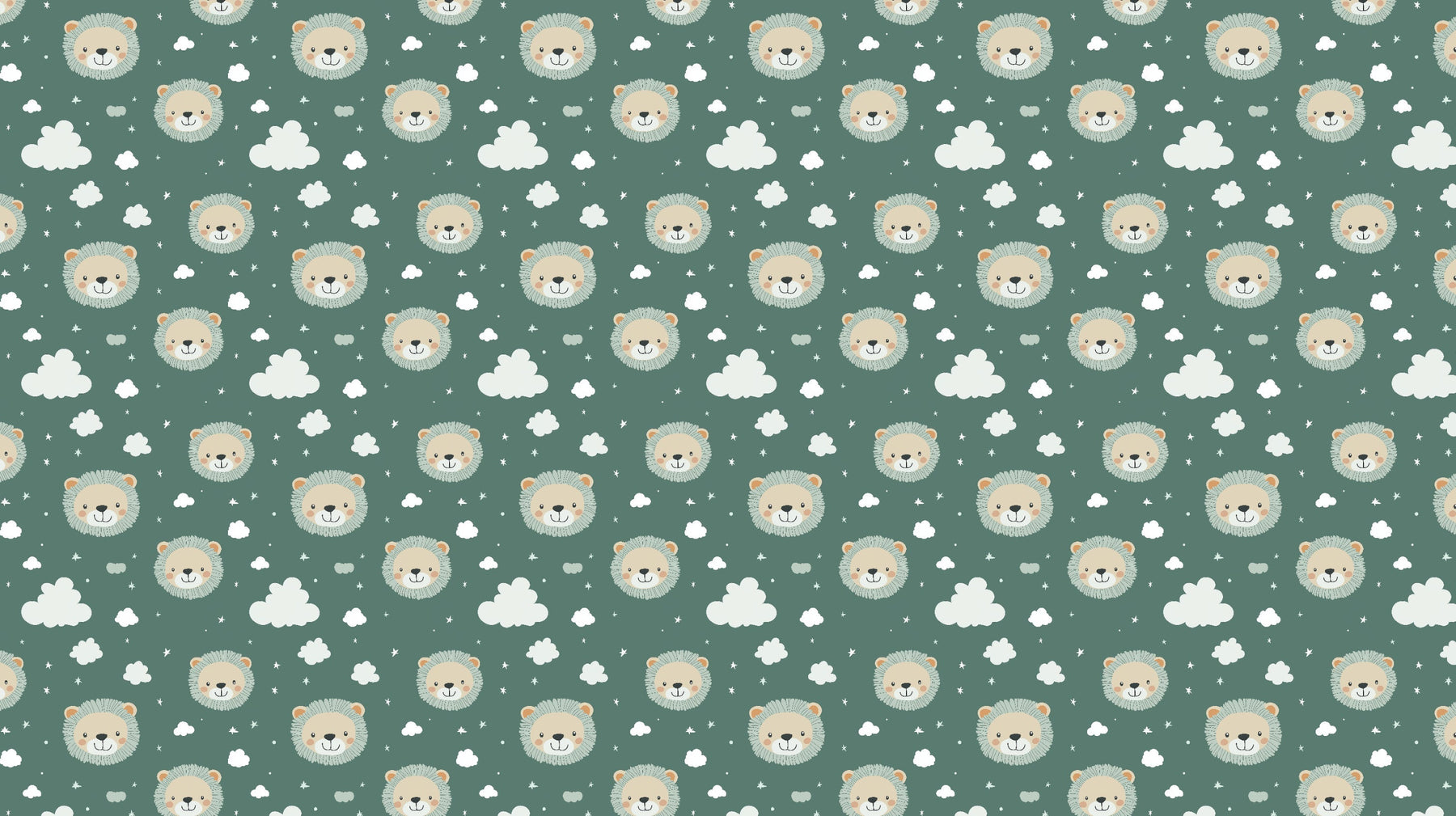 Detailed cute lion heads and clouds mural wallpaper design pattern on green background by Kids-Mundo