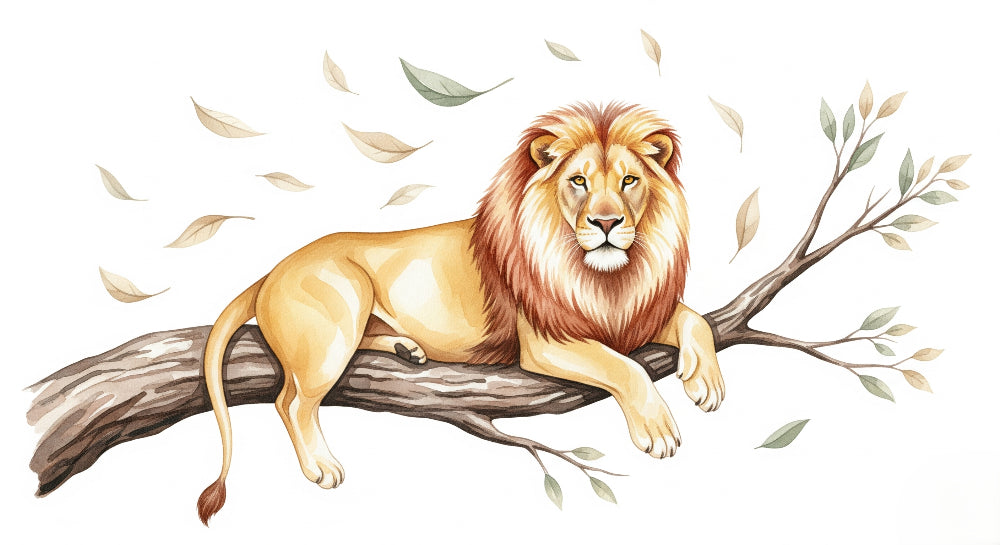 Detailed lion on branch mural wallpaper design pattern with floating leaves by Kids-Mundo