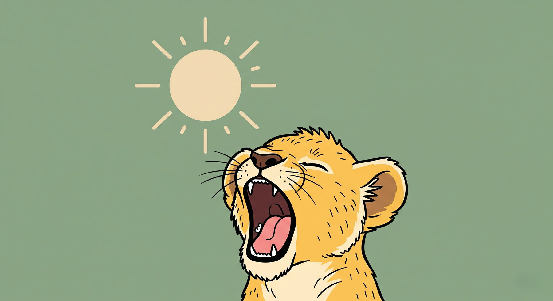 Detailed roaring lion cub mural wallpaper design pattern with sun and green background by Kids-Mundo