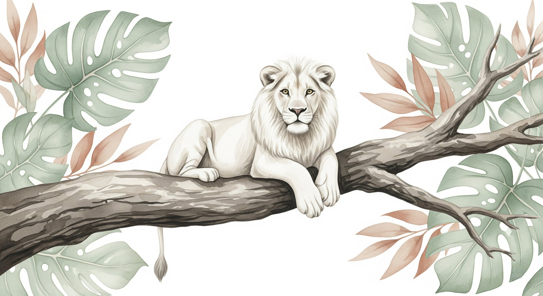 Detailed white lion mural wallpaper design pattern with tropical leaves by Kids-Mundo