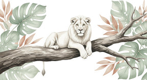 Detailed white lion mural wallpaper design pattern with tropical leaves by Kids-Mundo