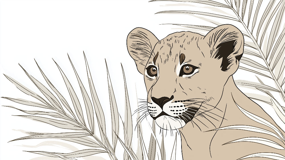 Detailed baby lion and tropical leaves mural wallpaper design pattern by Kids-Mundo