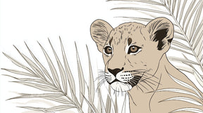 Detailed baby lion and tropical leaves mural wallpaper design pattern by Kids-Mundo