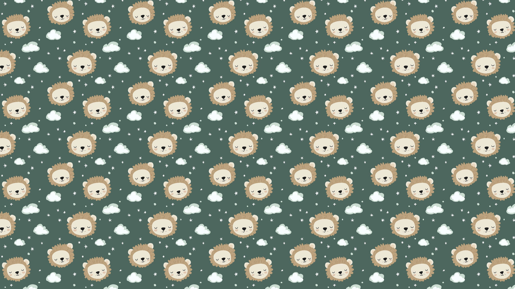 Detailed smiling lion mural wallpaper design pattern with clouds on green background by Kids-Mundo