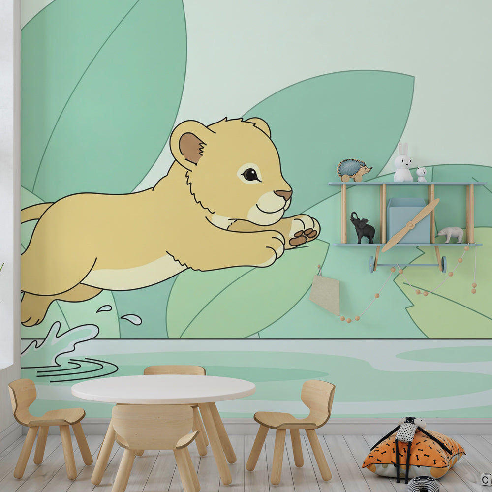 Playful lion wallpaper creating safari adventure theme in children's nursery decor