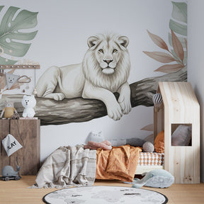 Majestic lion wallpaper creating safari adventure theme in children's bedroom
