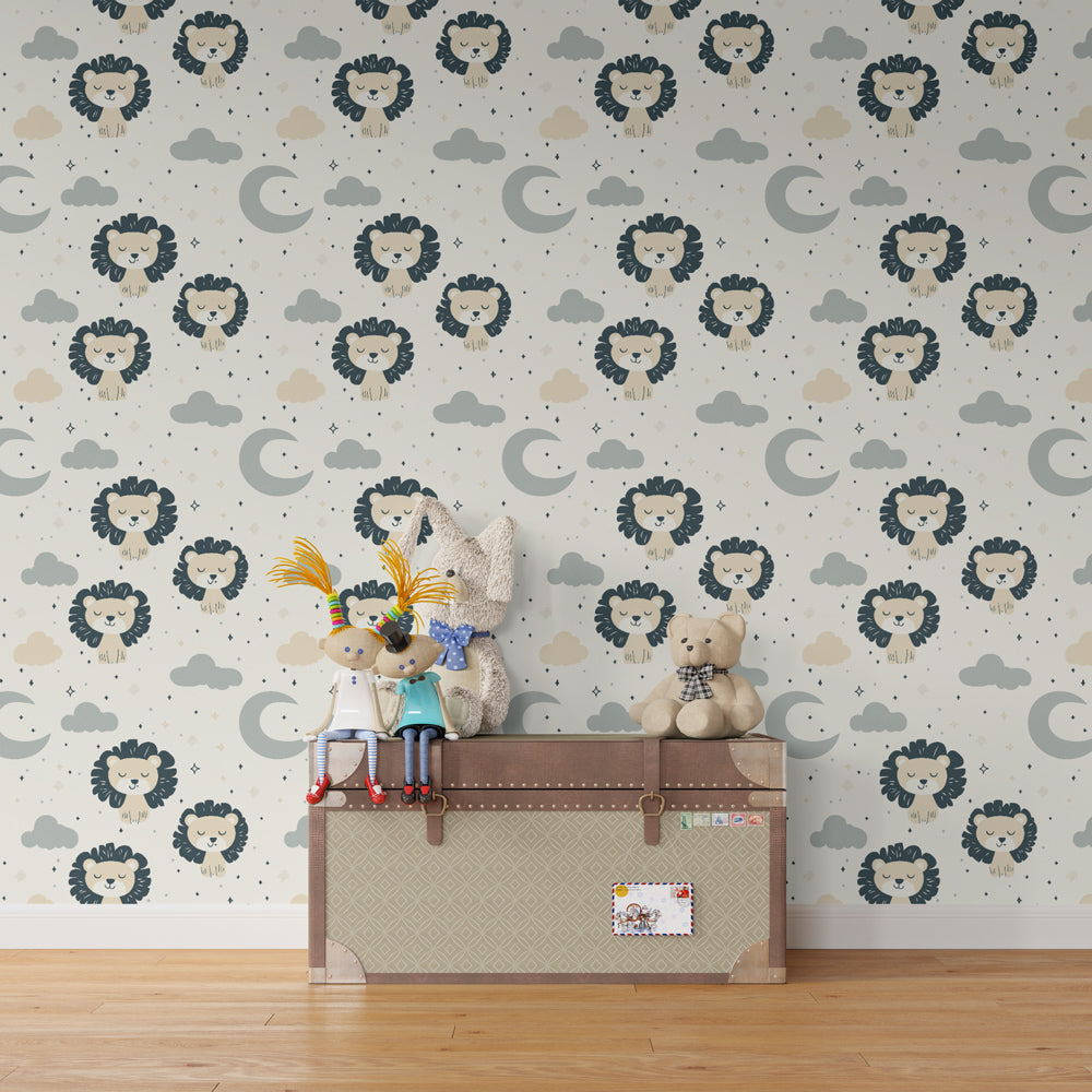 Starry lion safari wallpaper creating magical children's bedroom decor by Kids-Mundo