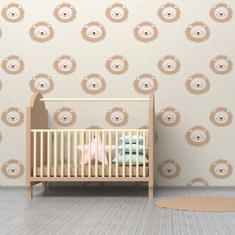 Beige lion safari wallpaper in modern children's bedroom setting with natural lighting